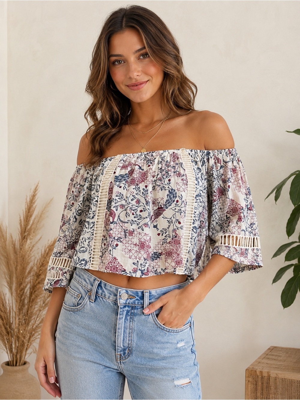 Tularosa Alexa Off-The-Shoulder Crop Top Floral Peacock Print XS Coquette Boho